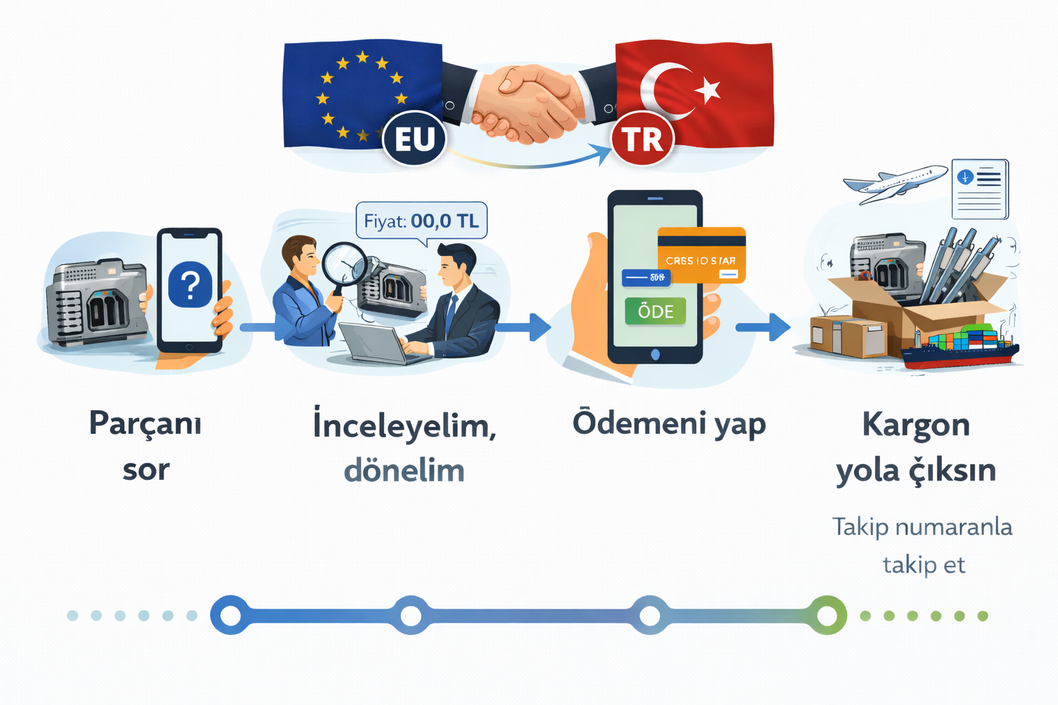 Süreç: Parçanı sor → inceleyelim dönelim → ödemeni yap → kargon yola çıksın